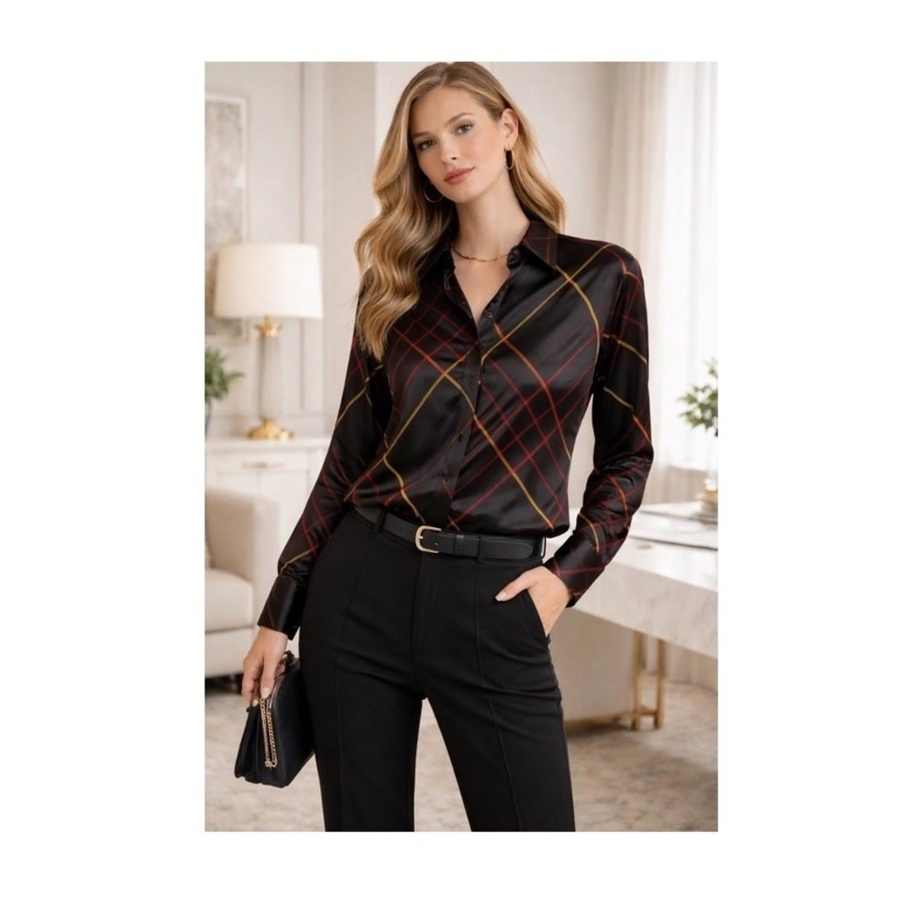 Rag & Bone XS Edith Black Red Plaid Silk Long Sleeve Tunic Button Down Shirt